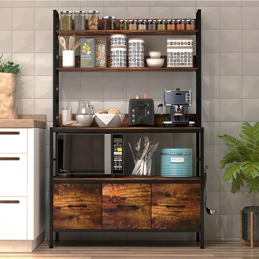 Microwave Oven - キッチンベーカーズラック（3つのバスケット付き）、5段自立型キッチン収納棚、工業用電子レンジスタンド、フック付きメタルキッチンオーガナイザーラック、コーヒーバーステーション、キッチン家具、ブラウン/ブラック