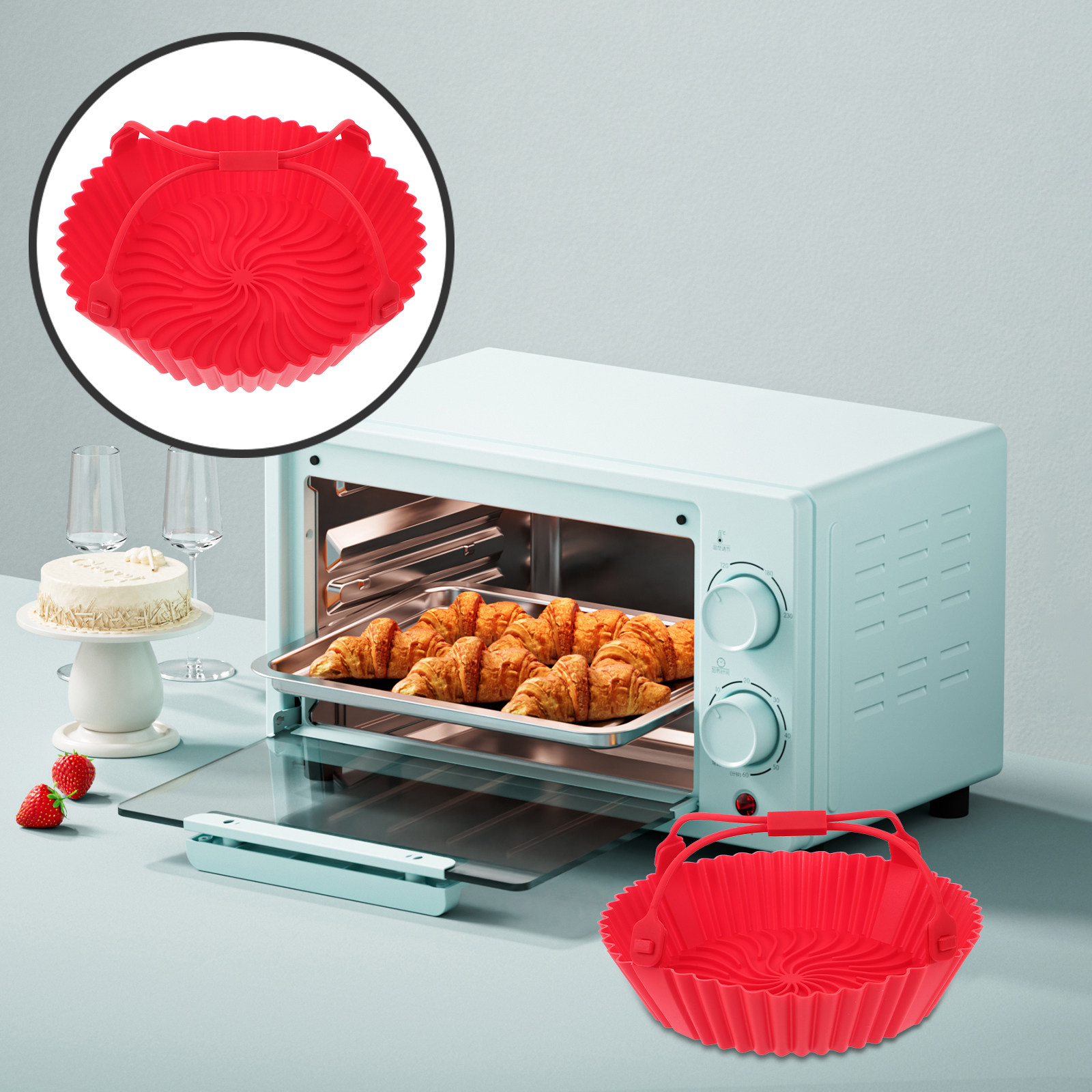 Air Fryer - エアフライヤー用シリコントレイ。耐熱性があり、焦げ付き防止加工が施されており、繰り返し使えるベーキングパンや調理器具として、キッチンで活用できます。