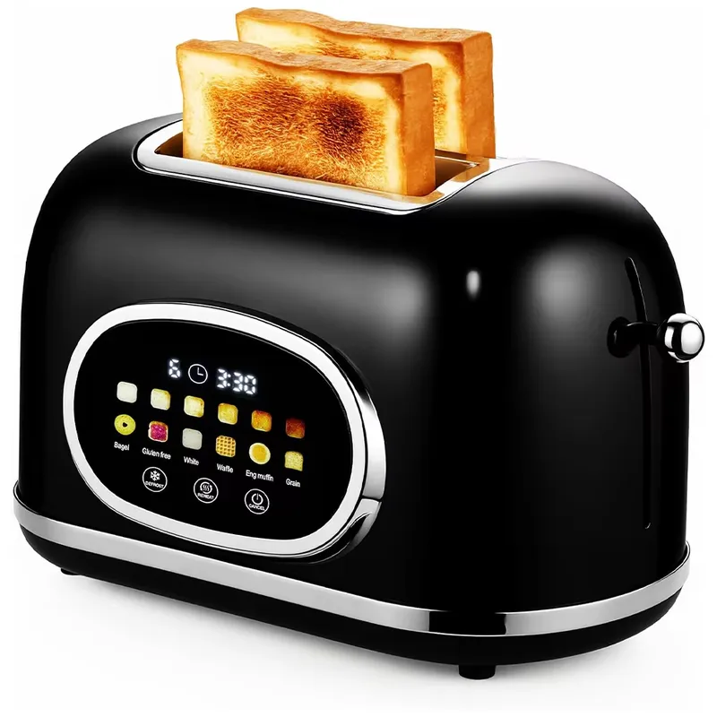 Toaster - スマートタッチスクリーン2枚焼きトースター レトロステンレススチール デジタルタイマー 解凍機能付き 6枚のパンに対応 家庭用/ホテル用