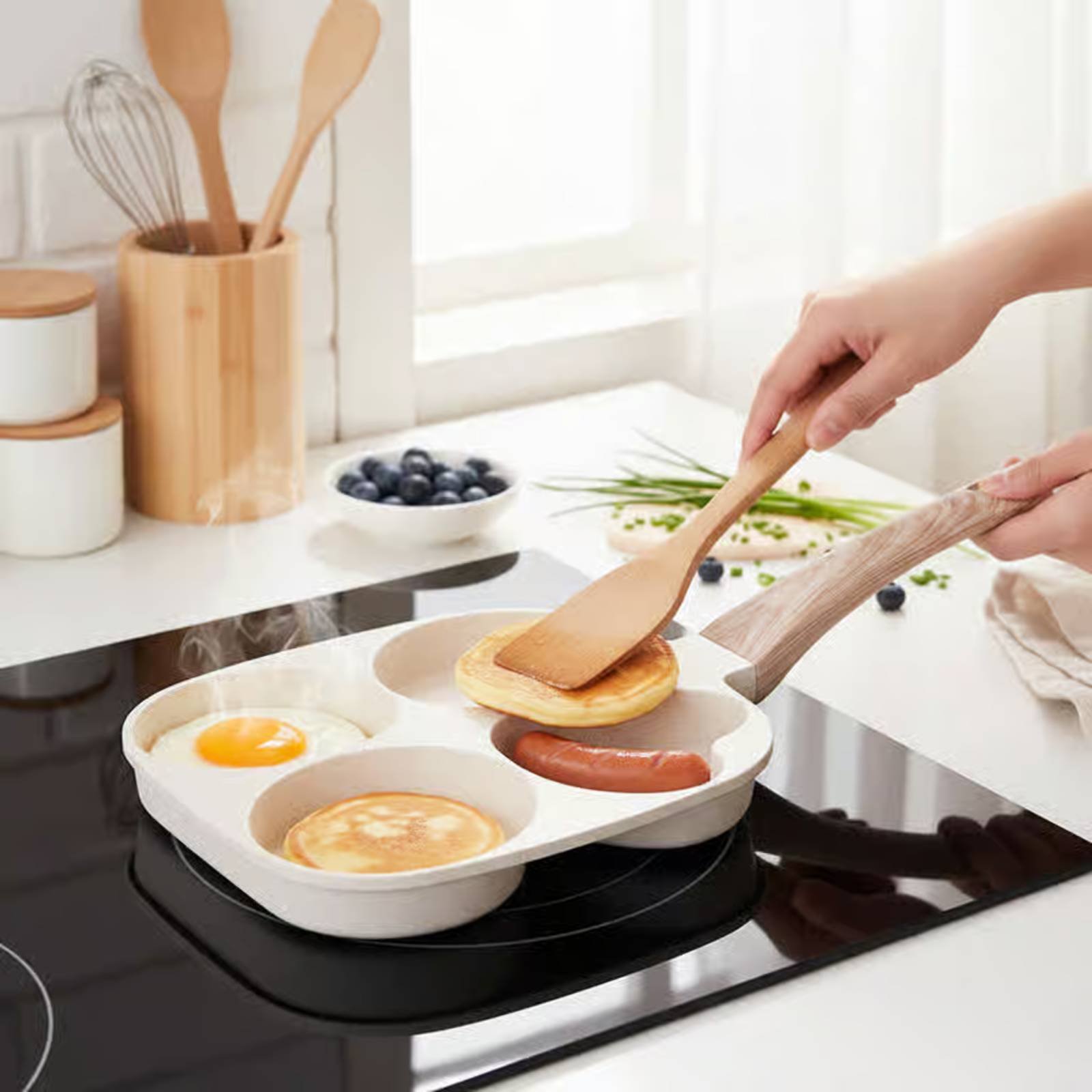焦げ付きにくい朝食用フライパン、長持ちする4穴フライパン、分 - Induction Cooker のレビューと価格
