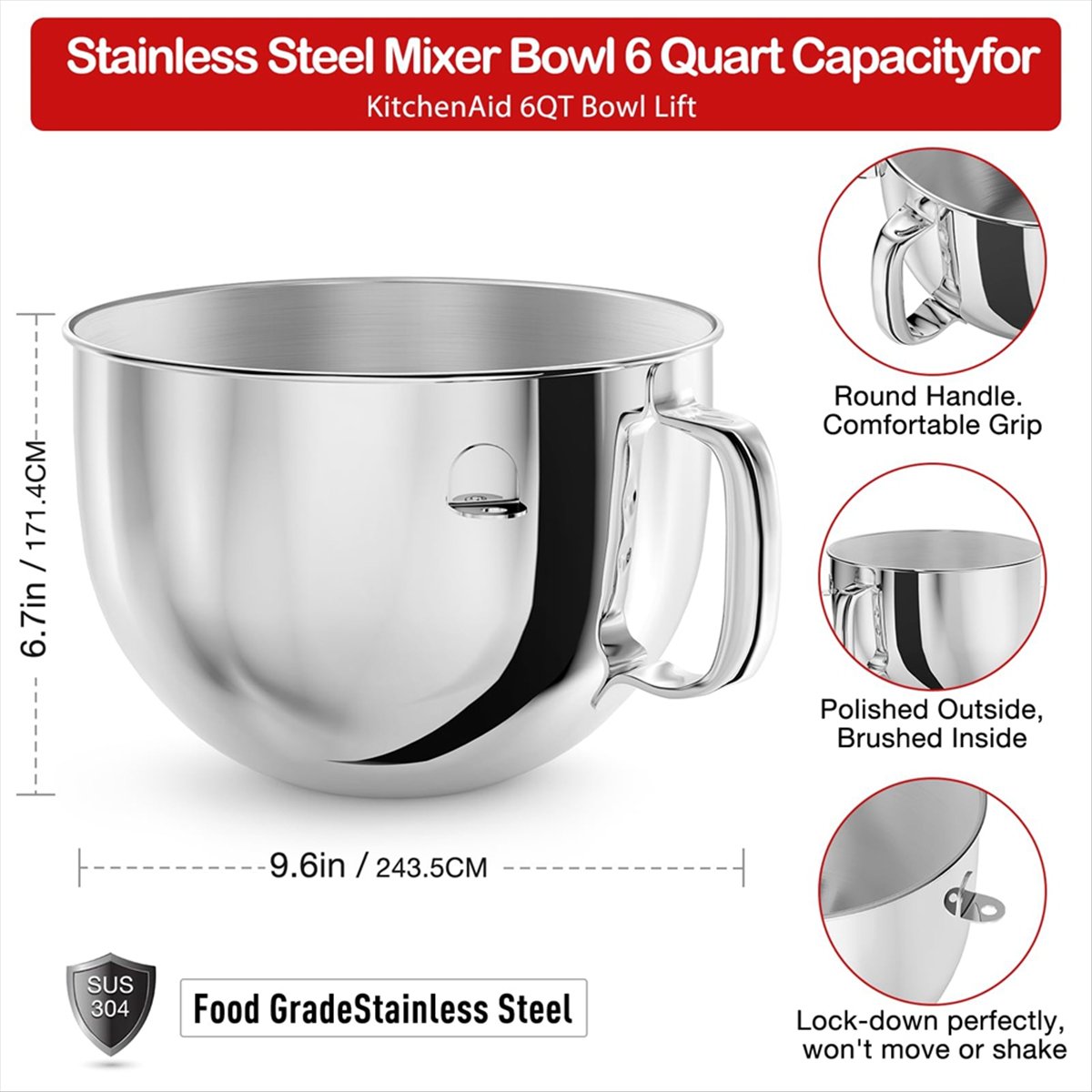 6QT ステンレススチール製ミキサーボウル スタンドミキサー - Stand Mixer のレビューと価格